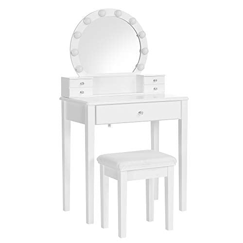 Dressing Table Set with Mirror, 10 Dimmable Bulbs, Modern, Padded Stool, 5 Drawers, 70 x 40 x 134 cm, Gift Idea, White