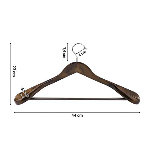 Suit Hangers, Solid Wood Hangers with Broad Ends Non-Slip Trouser Bar, Set of 6 for Outfits, Shirts, Coats, Jackets, Trousers, Pants, 360° Swivel Hook, Dark Walnut