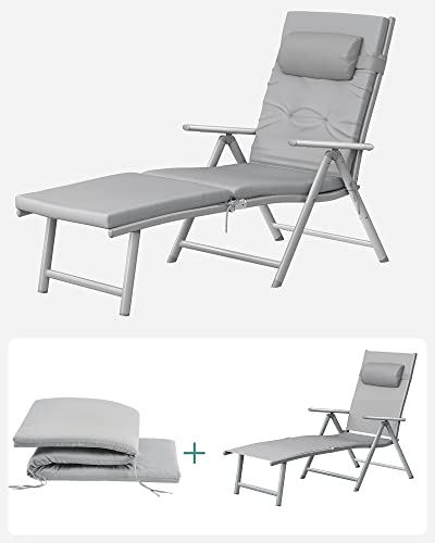 Foldable Sun Lounger, Sunbed with 6 cm Mattress, Removable Headrest, Rustproof Aluminium, Breathable, Comfortable, Reclinable, Max. Load Capacity 150 kg, Grey