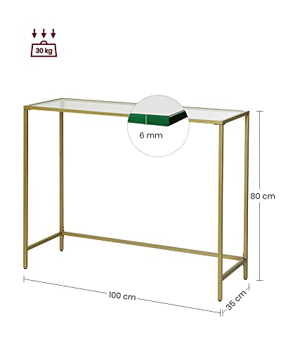 Console Table, Tempered Glass Table, Modern Sofa or Entryway Table, Metal Frame, Sturdy, Adjustable Feet, for Living Room, Hallway, Golden