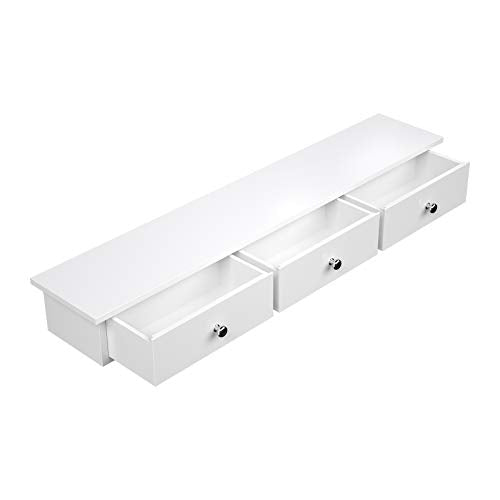 Floating Wall Shelf with 3 Drawers, Hallway Storage Shelf, 80 x 15 x 10 cm, Living Room, Bedroom, Kitchen, High Gloss Paint, White