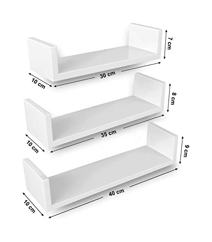 Set of 3 Modern Wall Shelves, Floating MDF Storage Shelving with High Gloss Finish, and Invisible Mounting, White