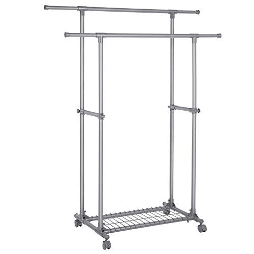 Double Clothes Rail, Extendable Garment Rack, from 87 to 150 cm, Rolling Clothes Rack with Shelf, Sturdy Structure, Max Static Load 70 kg, for Clothes Scarves, Grey