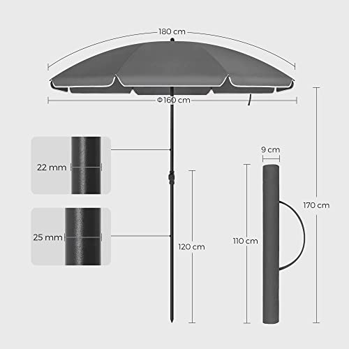 1.6 m Parasol, Beach Umbrella, UPF 50+, Sun Protection, Portable Octagonal Polyester Canopy, Fibreglass Ribs, Tilt Mechanism, Carry Bag, for Beach Garden Balcony Pool, Grey