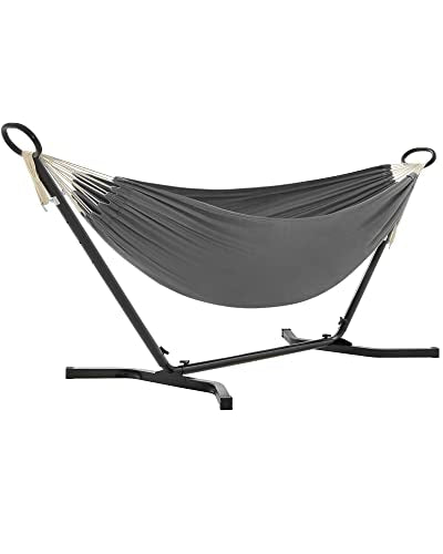 Hammock with Stand, 210 x 150 cm Hammock, 5 Adjustable Heights, Portable Hammock with Metal Frame, Load Capacity 240 kg, Patio, Garden, Yard, Black Stand and Grey Hammock