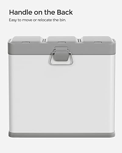 Pedal Bin, 3 x 8L Recycling Bin, 3-Compartment Metal Rubbish Bin, Waste Separation for Kitchen, Includes 15 Bin Bags, Easy to Clean, Steel, White and Grey