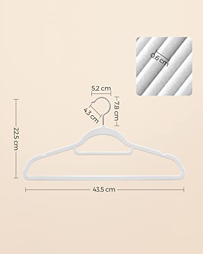 Velvet Hangers, Set of 50 Coat Hangers for Clothes, Non-Slip, with Tie Bar and Rose Gold Hook, Space-Saving, 0.6 cm Thick, 43.5 cm Long, for Dresses Trousers, White