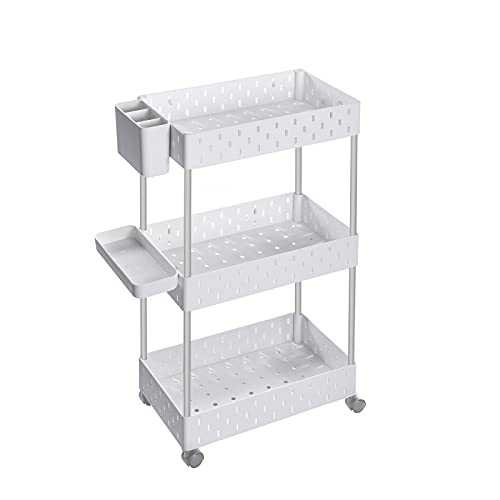 3-Tier Storage Trolley, Rolling Cart with Wheels, Bathroom Shelf with 6 Removable Hooks, 1 Tray, 1 Container, for Kitchen, Living Room, 38 x 22 x 72 cm, White