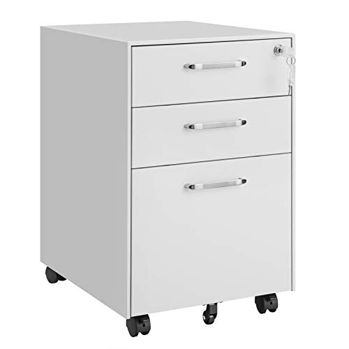 Office Chest of Drawers, Lockable File Cabinet, with 3 Drawers, Castors, for Documents, Stationery and Suspended Folders, for Office and Study, Steel, White