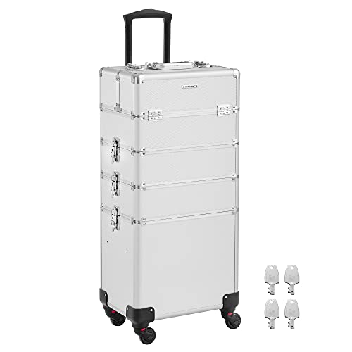 Cosmetic Case, Trolley Case, 4-in-1 Vanity Case, Makeup Case for Travel, Large Hairdressing Case, Lockable, 360° Rotating Universal Wheels, silver