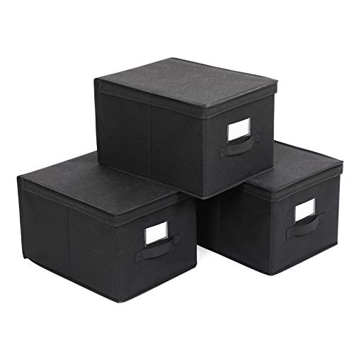 Set of 3 Foldable Storage Boxes with Lids, Fabric Cubes with Label Holders, Storage Bins Organiser, 40 x 30 x 25 cm, Black