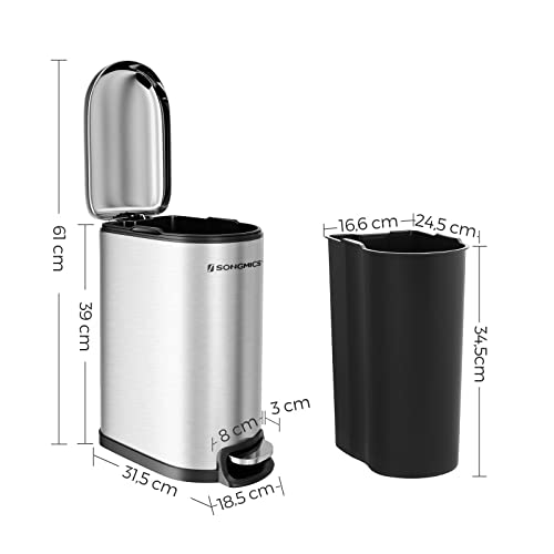 Slim Rubbish Bin, 10L Pedal Bin, Steel, Removable Inner Bucket, Slow Closure, for Narrow Space, Silver