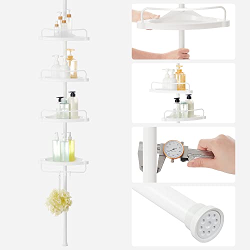 Adjustable Bathroom Corner Shelf, Telescopic Shower Caddy, 85-305 cm, Floor to Ceiling, with 4 Trays, 3 Hooks, White