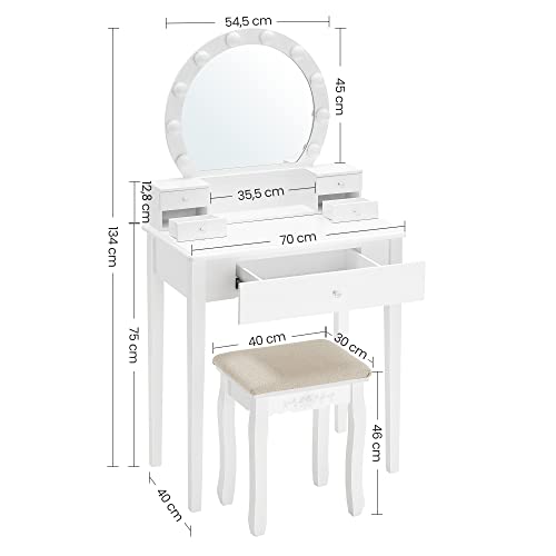 Dressing Table Set with Mirror, 10 Dimmable Bulbs, Modern, Padded Stool, 5 Drawers, 70 x 40 x 134 cm, Gift Idea, White