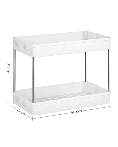 Under Sink Organizer, Under Bathroom Sink Storage 2 Tier Organizer Bath Collection Baskets with Hooks，White