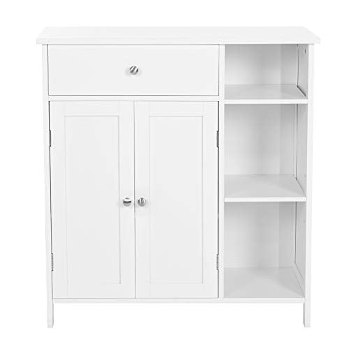 Bathroom Floor Cabinet, Storage Organiser Unit, Cupboard with Drawer, 3 Open Compartments, Adjustable Shelves, 2 Doors, 75 x 30 x 80 cm, Scandinavian Nordic Style, Matte White