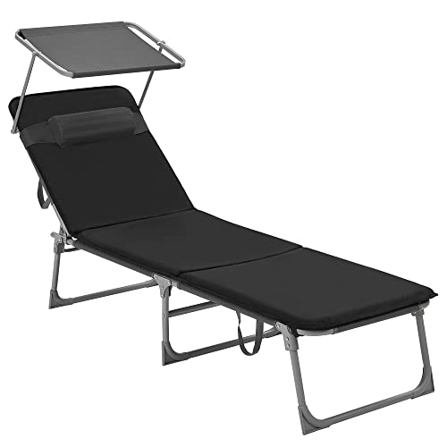 Sun Lounger with 3 cm Thick Cushion, Headrest, Sun Canopy, Adjustable Backrest, Foldable, 53 x 193 x 29.5 cm, Maximum Load 150 kg, Garden, Balcony, Black