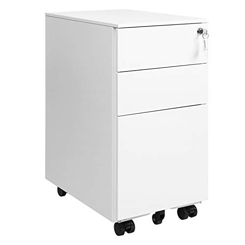 Mobile File Cabinet, Office Cabinet with Wheels and Lock, for A4, Legal, Letter Sized Documents, Hanging File Folders, White