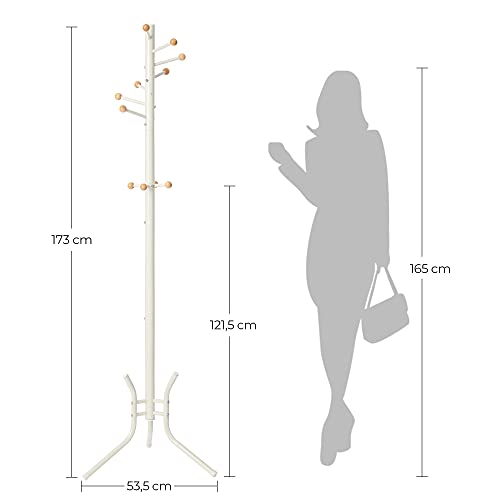 Coat Rack, Freestanding Metal Coat Tree, 11 Hooks with Wooden Ends, for Coats, Hats, Bags, 53.5 x 53.5 x 173 cm, White