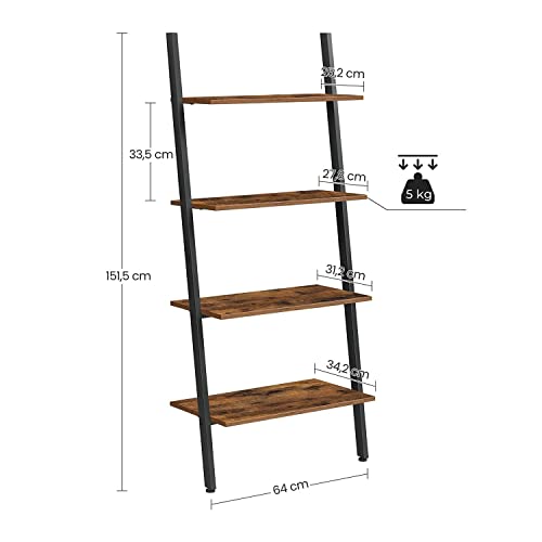 Ladder Shelf, Wall Rack Shelf and Storage Shelving Unit, 4-Tier Bookshelf, Living Room Kitchen Office, Steel, Stable, Slanted, Industrial, Rustic Browne and Black