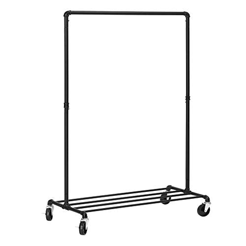 Heavy Duty Metal Clothes Rack on Wheels, Holds 90 kg, Industrial Design, Coat Stand with 1 Clothes Rail and Shelf, for Bedroom Laundry Room, Black