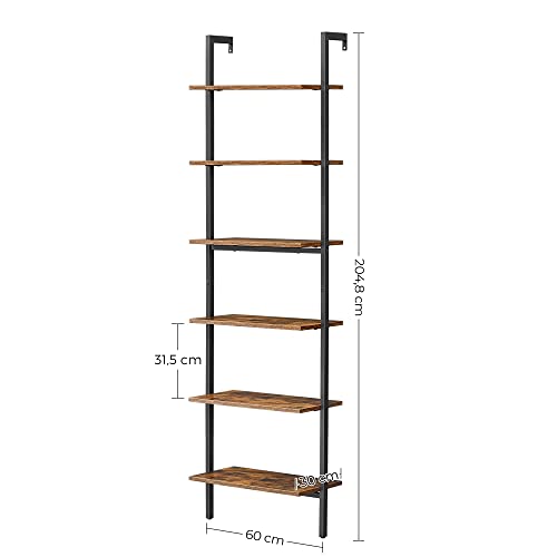 Ladder Shelf, 6-Tier Bookshelf, Wall Shelf for Living Room, Office, Kitchen, Bedroom, 60 x 30 x 204.8 cm, Industrial, Rustic Brown and Black