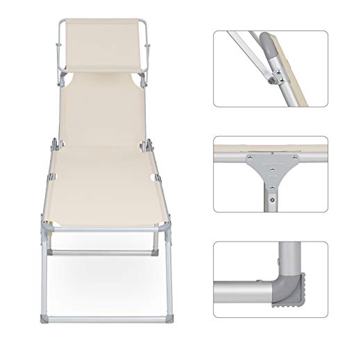 Sun Lounger, Sunbed, Large Reclining Sun Chair, 65 x 200 x 48 cm, Load Capacity 150 kg, with Reclining Backrest, Sunshade, Foldable, for Garden, Balcony, Terrace, Beige