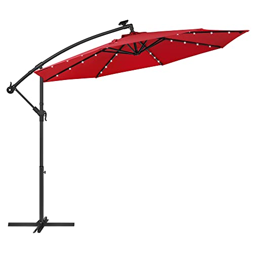 Cantilever Garden Patio Parasol with Solar-Powered LED Lights, 3 m Offset Parasol with Base, UPF 50+ Banana Hanging Umbrella, Crank for Opening Closing, Red