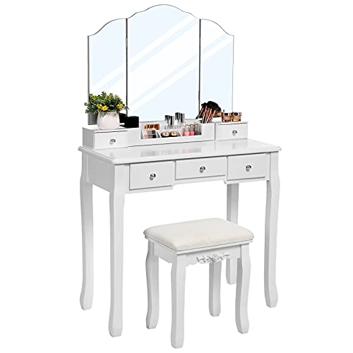 Dressing Table with 5 Drawers, Makeup Desk with 1 Stool, Frameless Tri-Fold Mirror, 1 Removable Cosmetic Storage Box, Vanity Set, Easy to Assemble, White