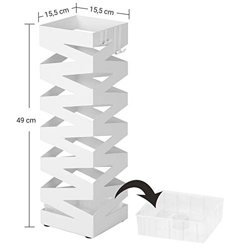 Metal Umbrella Stand, Square Umbrella Holder Rack, with 4 Hooks and a Removable Drip Tray, 15.5 x 15.5 x 49 cm, White