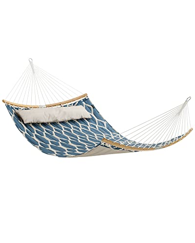 Hammock, Quilted Fabric Hammock with Detachable Curved Bamboo Spreaders, Pillow, 200 x 140 cm, Load Capacity 225 kg, Blue and Beige Rhombus