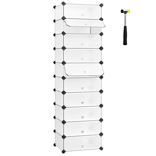 Interlocking Shoe Rack, Rectangular Storage Organiser, 10 Slot Modular DIY Storage Shelf Unit, 40 x 30 x 17 cm for Each Slot, Plastic Wardrobe with Doors, White