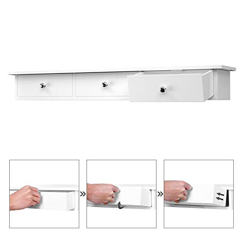 Floating Wall Shelf with 3 Drawers, Hallway Storage Shelf, 80 x 15 x 10 cm, Living Room, Bedroom, Kitchen, High Gloss Paint, White