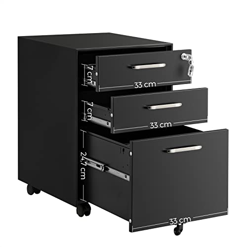 Office Chest of Drawers, Lockable File Cabinet, with 3 Drawers, Castors, for Documents, Stationery and Suspended Folders, for Office and Study, Steel, Black