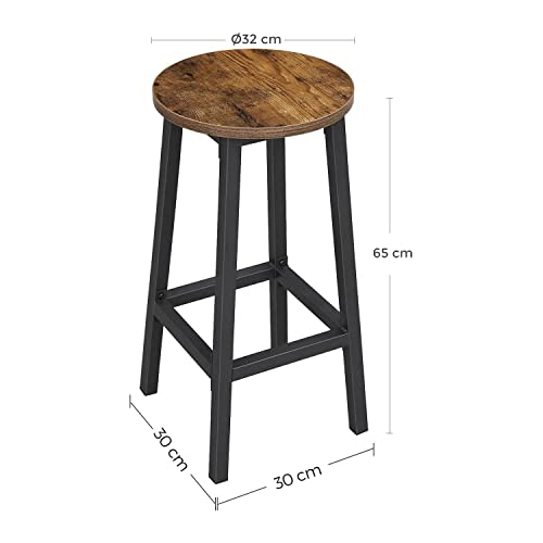 Set of 2 Bar Stools, Tall Kitchen Stools, Sturdy Steel Frame, 65 cm Tall, Easy Assembly, Industrial Style, Rustic Brown and Black