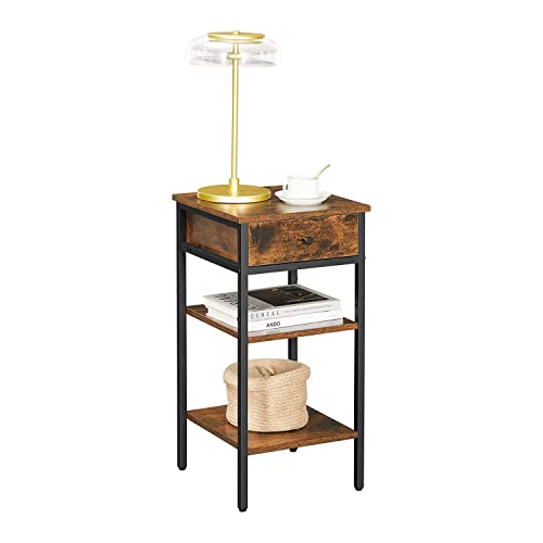 Nightstand, End Table, Tall Bedside Table with a Drawer and 2 Storage Shelves, Space Saving, Industrial Accent Table, Rustic Brown and Black