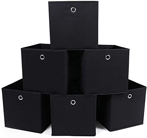 Set of 6 Foldable Storage Boxes, Fabric Storage Cubes, Clothes Organiser, Toy Bins with Grommet, 30 x 30 x 30 cm, for Bedroom, Living room, Black