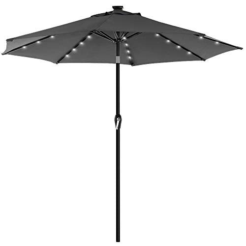 3 m Garden Parasol Umbrella with Solar-Powered LED Lights, Sunshade with UPF 50+ Protection, Tilting, Crank Handle for Opening Closing, Base Not Included, Grey