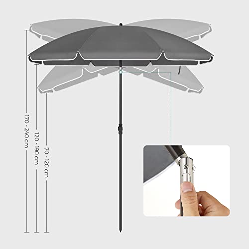 2 m Parasol, Beach Umbrella, UPF 50+, Sun Protection, Portable Octagonal Polyester Canopy, Fibreglass Ribs, Tilt Mechanism, Carry Bag, for Beach Garden Balcony Pool, Grey