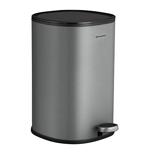 Rubbish Bin, 5 L Bathroom Bin, Steel Pedal Bin, with Inner Bucket, Soft-Close Lid, and Handle, for Bathroom, Toilet, Grey and Black