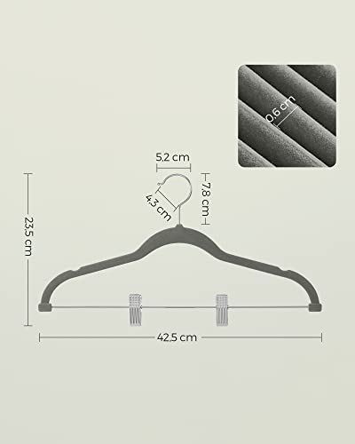 Trouser Hangers, Set of 12 Velvet Hangers with Adjustable Clips, 42.5 cm Long, Non-Slip, Space-Saving, for Skirts, Coats, Dresses, Grey