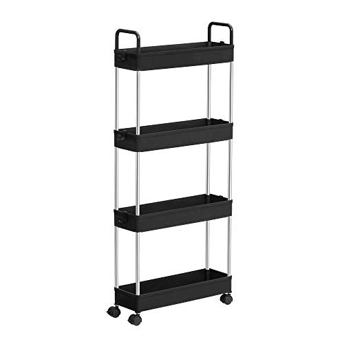 Storage Trolley,Slim Trolley, 4-Tier Kitchen Storage Trolley, Narrow Gap Bathroom Trolley with Wheels and Handles, 40 x 13 x 93 cm, Black