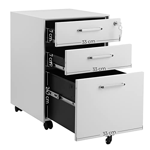 Office Chest of Drawers, Lockable File Cabinet, with 3 Drawers, Castors, for Documents, Stationery and Suspended Folders, for Office and Study, Steel, White