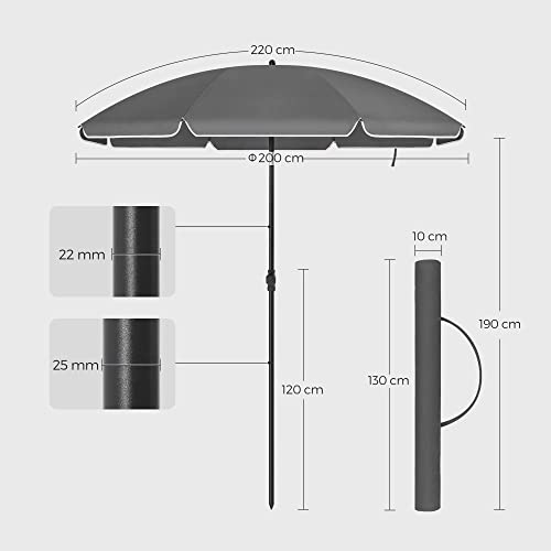 2 m Parasol, Beach Umbrella, UPF 50+, Sun Protection, Portable Octagonal Polyester Canopy, Fibreglass Ribs, Tilt Mechanism, Carry Bag, for Beach Garden Balcony Pool, Grey