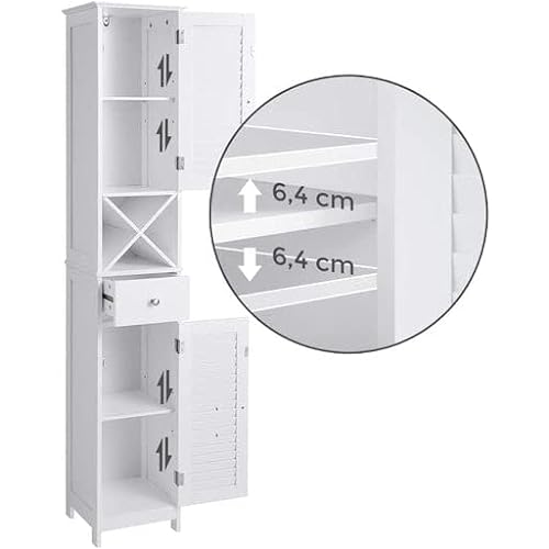 Floor Cabinet, Bathroom Tall Cabinet with Shutter Doors, Drawer, and Removable X-Shaped Stand, 32 x 30 x 170 cm, Scandinavian Style, White