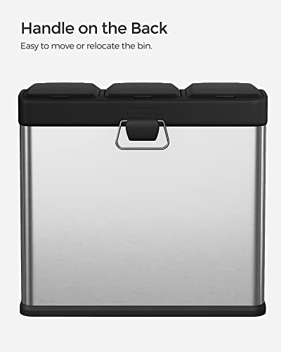 Recycling Bin, 3-in-1 Pedal Bin, 24-Litre Metal Rubbish Bin, Waste Separation System Dustbin for Kitchen, Easy to Clean, Steel, Silver