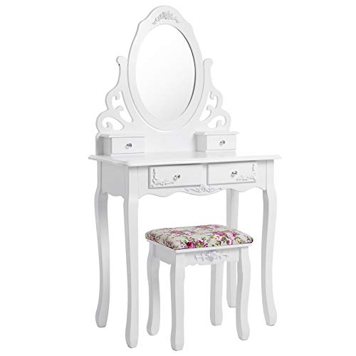 Princess Dressing Table Stool Set and 360 Degree Swiveling Mirror Makeup Desk 4 Drawers Vanity Furniture Easy to Assemble Bedroom White