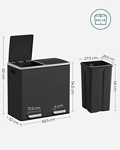 Recycling Bin, Double Trash Can, 2 x 24L, with 2 Compartments, Soft-Close Lids, Pedals, Plastic Inner Buckets and Carry Handles, Black