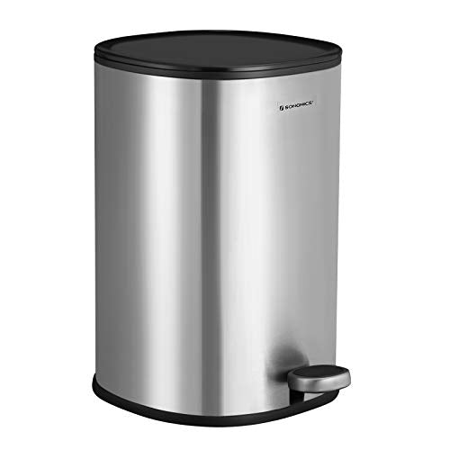 Rubbish Bin, 5 L Bathroom Bin, Steel Pedal Bin, with Inner Bucket, Soft-Close Lid, and Handle, for Bathroom, Toilet, Silver and Black