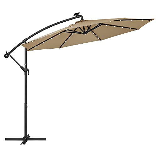 Cantilever Garden Patio Parasol with Solar-Powered LED Lights, 3 m Offset Parasol with Base, UPF 50+ Banana Hanging Umbrella, Crank for Opening Closing, Taupe